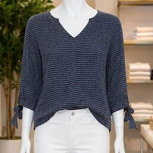 CeCe Womens Blouse Navy Blue Geometric Print Tie Cuff Sleeve XS